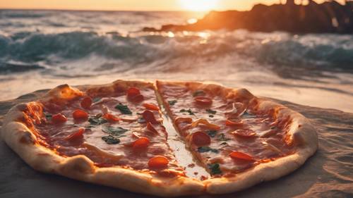 A giant pizza sun setting into the cheesy ocean.