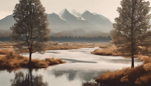 A nature scene where trees, mountains and rivers are interpreted in minimalist geometric forms painted in earth tones.
