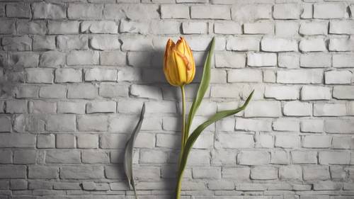 Um desenho caprichoso de uma tulipa dourada, contra uma parede de tijolos brancos como giz.