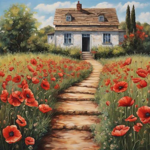 An acrylic painting of a pathway flanked by blooming poppies leading to a farmhouse.