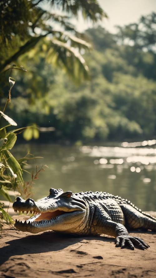 Một con cá sấu nằm lười biếng trên bờ sông dưới ánh nắng giữa trưa.