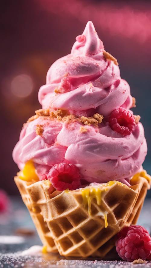 A delicious dessert made of pink and yellow swirling frozen yogurt served in a waffle cone. Tapet [25025b65c7344be38a11]