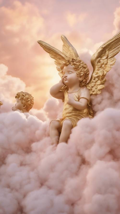 Yumuşak bulutların arasından fırlayan melek melekleri, pastel renkli gökyüzüne karşı altın renkli borazanlarla şafağı müjdeliyor.