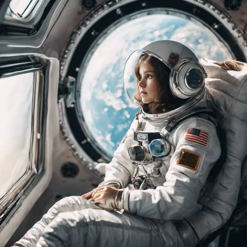 Una giovane ragazza in tuta spaziale, fluttuante a gravità zero in una stazione spaziale, guarda la Terra attraverso la finestra.