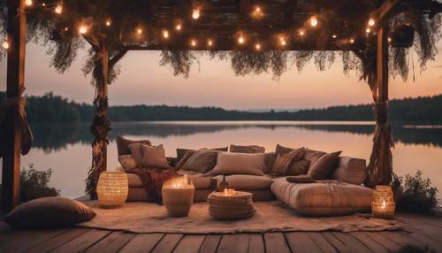 An outdoor boho-inspired lounge area at dusk with comfy pillows, string lights and a backdrop of a tranquil lake.