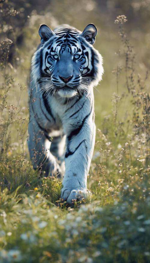 A focused blue tiger stalking its prey in a spring meadow. Ფონი [d476206af14d45a6ad63]