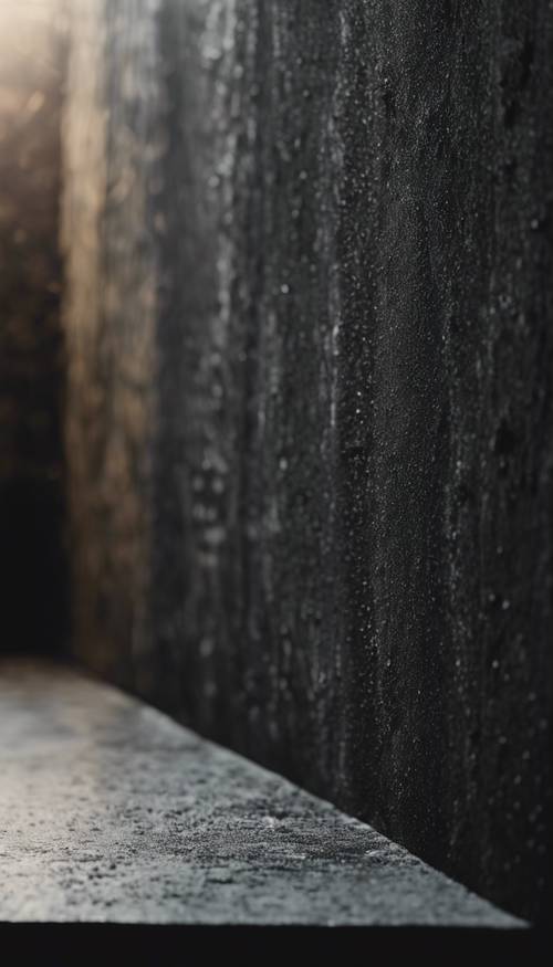 Um close de uma parede de concreto preto mostrando sua textura, refletindo a luz fraca.