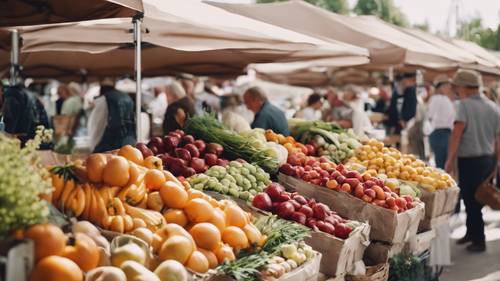 A lively September farmers market with heaps of fresh produce and flowers Tapeta [2f50592d6db84be98083]