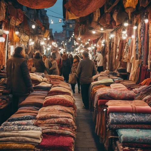 伊斯坦堡充滿活力的波西米亞市場，熙熙攘攘的購物者，展示著一系列色彩繽紛的手工紡織品、地毯和珠寶。