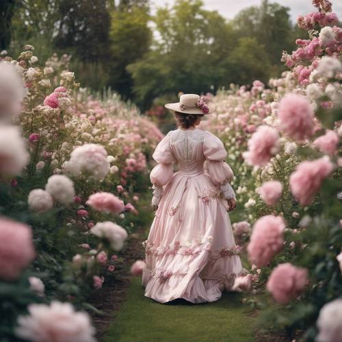 A Victorian-era woman in a billowing silk dress adorned with pink and white flower accents strolling through a flower garden.