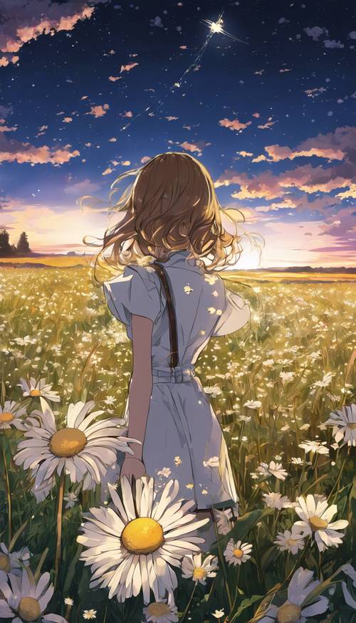 Zeichnung im Anime-Stil einer einzelnen Gänseblümchenblume auf einem Feld unter der sternenklaren Nacht.
