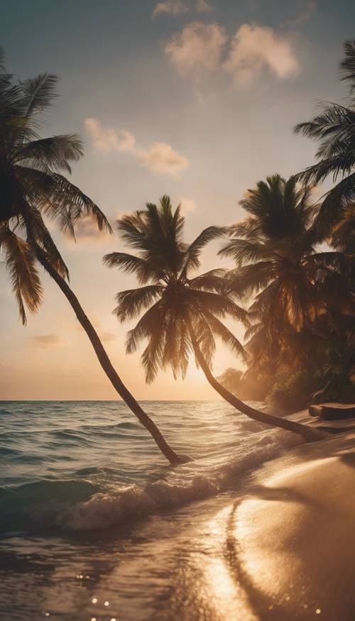 Uma ilha tropical ao pôr do sol com palmeiras balançando na brisa suave.