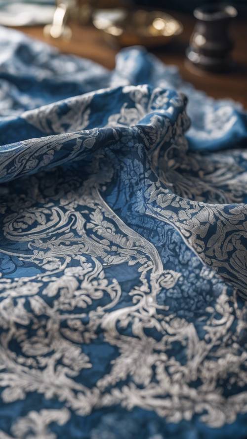 Karmaşık mavi kamuflaj desenleriyle süslenmiş, masanın üzerine serilen büyük bir kumaş parçası.