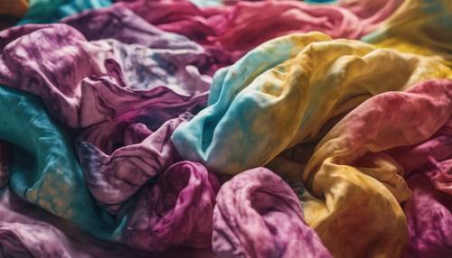 A tied fabric sitting in dye water for the classic tie-dye effect. Tapet [9276df2eaba6418d8a33]