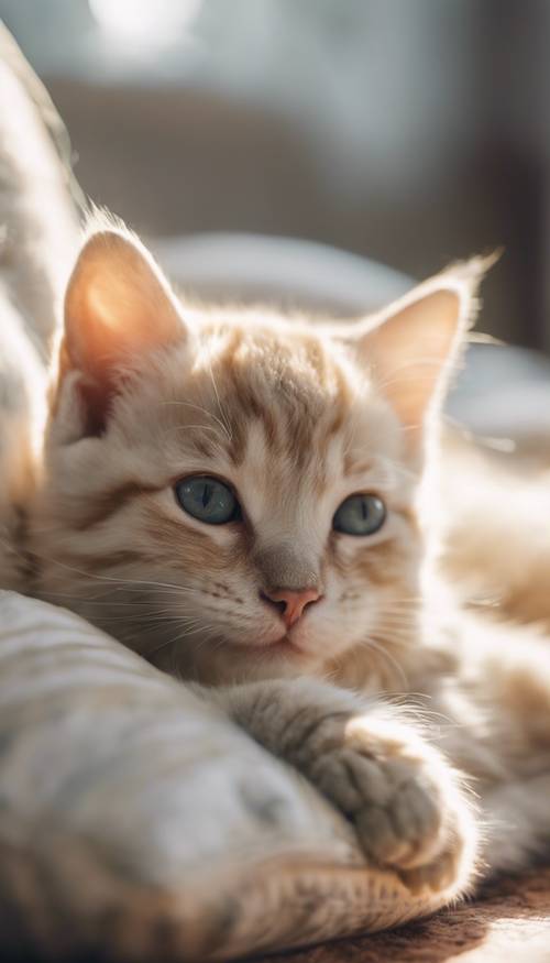 Młody marmurkowy kotek leżący wygodnie na puszystych poduszkach, opalany w popołudniowym blasku.