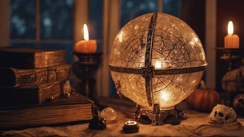 Ein altes Zauberbuch, ein alter Kerzenständer und eine Kristallkugel in einem schwach beleuchteten Raum zum Thema Halloween.