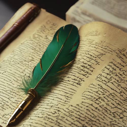 A golden feather pen writing in an ancient manuscript with a green leather cover.