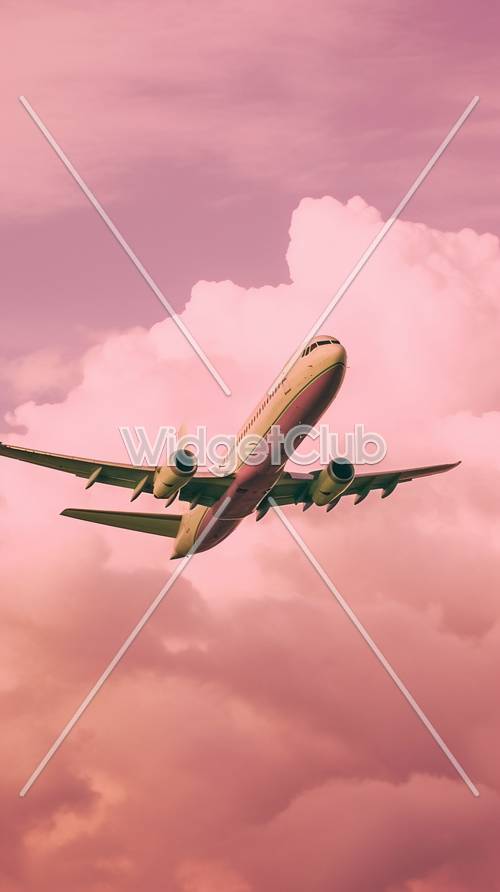 Latający samolot na różowym niebie