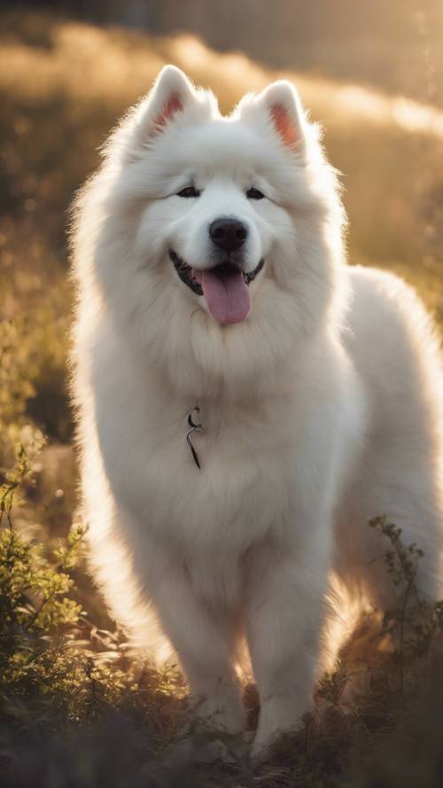 一只蓬松的萨摩耶犬的白色皮毛在傍晚的阳光下闪闪发光。