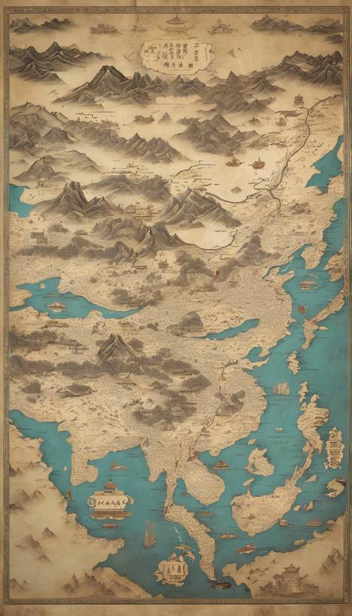 Um mapa oriental detalhado da dinastia Ming ilustrado em estilo tradicional chinês.