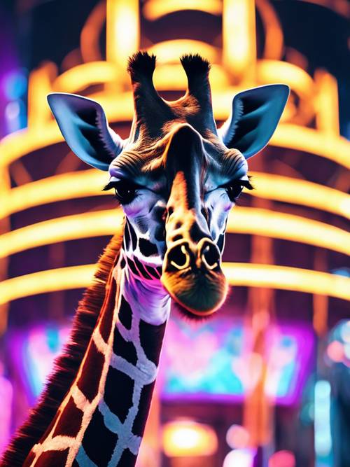 Una giraffa illustrata come una futuristica struttura luminosa al neon che brilla di notte.