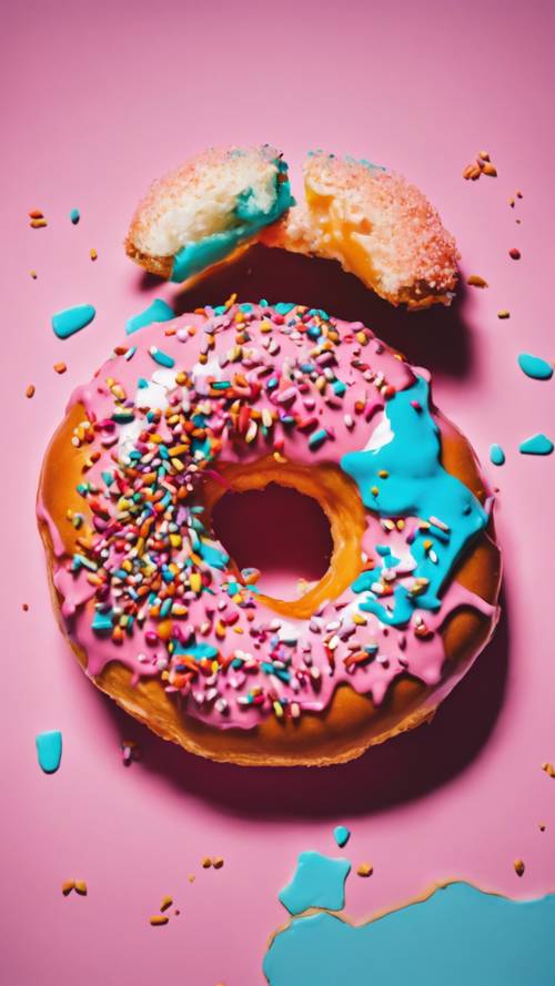 一幅波普艺术风格的图像，描绘了一个吃了一半的甜甜圈，颜色明亮，对比鲜明。