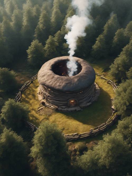An aerial view of a Celtic roundhouse, situated at the edge of a dense forest with a smoke curling out from its central hearth.