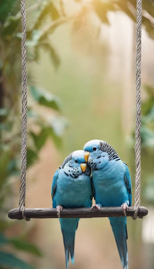 一对小蓝鹦鹉在笼子里的秋千上依偎在一起。