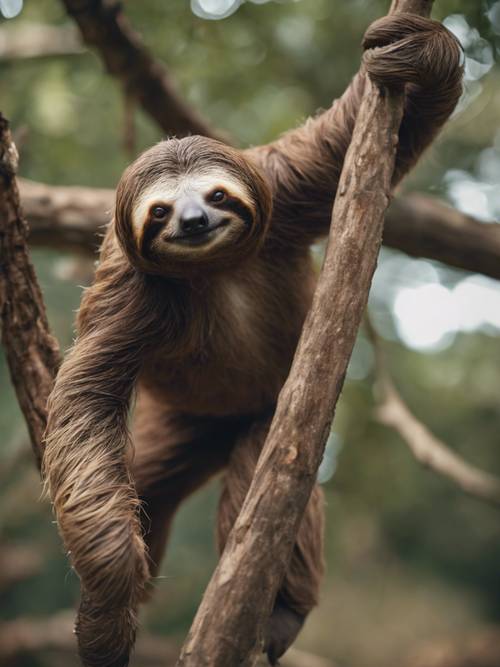 A sloth moving in slow motion along a disproportionately thin branch.