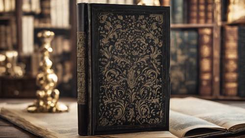 Cetakan damask hitam pada sampul buku antik misterius.
