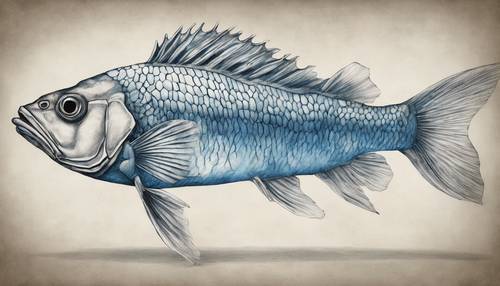 Soğuk mavi pullu zarif bir balığın ayrıntılı, kurşun kalemle çizilmiş bir taslağı.