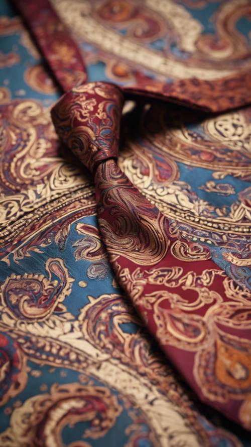Nahaufnahme einer Vintage-Krawatte aus Seide mit Paisleymuster vor einem Mahagoni-Schreibtisch, die Eleganz und Kultiviertheit ausstrahlt.