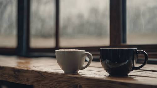 Toko close-up secangkir kopi hitam di atas meja kayu, di samping jendela pada hari mendung.