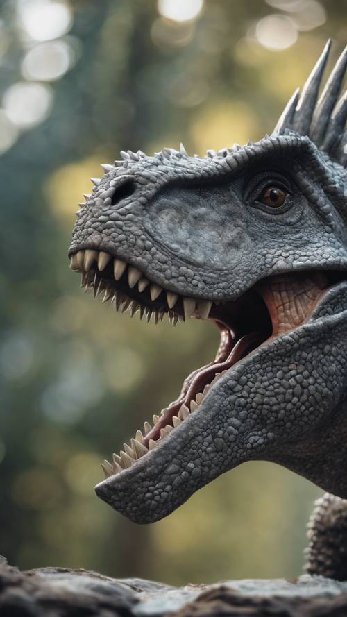 Un dinosaurio gris con escamas duras y puntiagudas que silba a algo que no se ve en el encuadre.