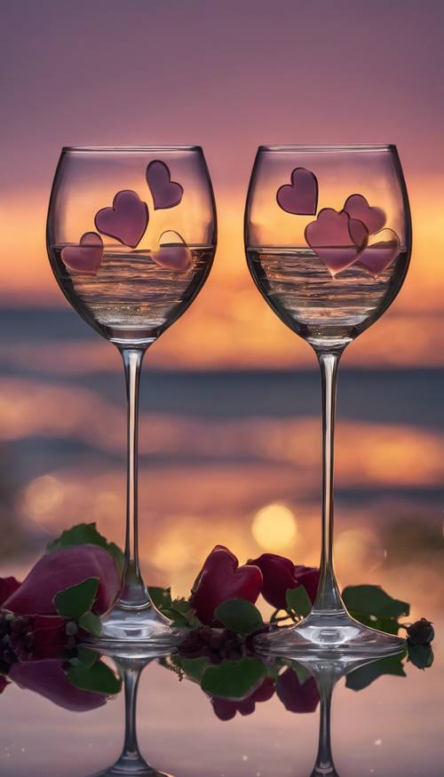 Two stemmed wine glasses toasting against a twilight backdrop with a heart wreath.