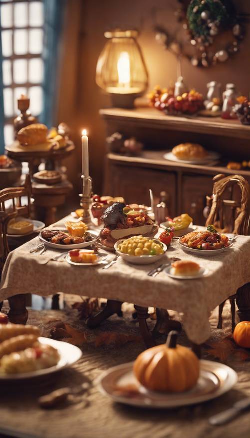 A charming Thanksgiving dinner scene in a dollhouse complete with miniature food.