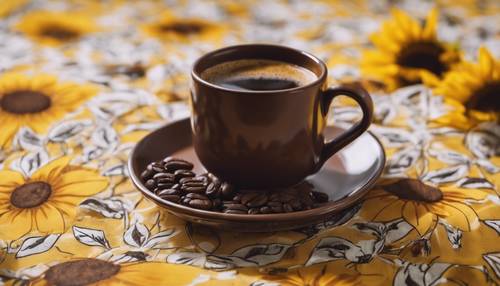 Secangkir kopi coklat tua mengepul di atas taplak meja kuning bermotif bunga matahari.