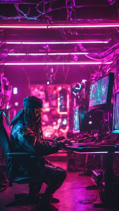 Un pirate cyberpunk piratant un trésor numérique dans une pièce éclairée au néon.