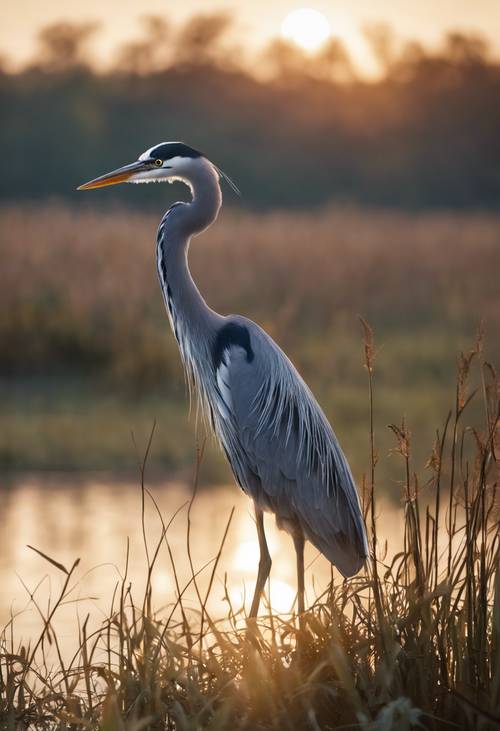 A graceful heron perched at a bluegrass marsh during sunrise.
