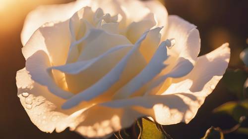 The delicate petals of a white rose backlit by the setting sun.