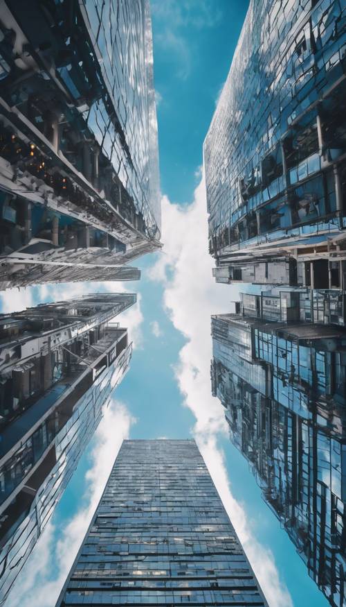 קו רקיע של עיר מודרנית תחת שמיים כחולים נוקבים, שבו בניינים רבי קומות משתקפים בצורה מסנוורת לאור היום. טפט [4bd487bda8a54eeba906]