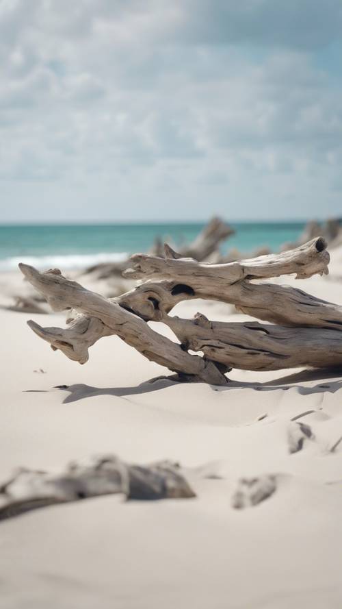 An aesthetic, secluded beach with weathered driftwood lying amongst the soft, white sand.