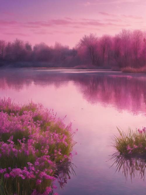 A serene spring sunrise over a calming lake, with pink and purple hues dancing on the surface.