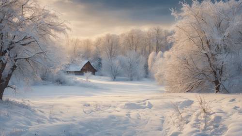 Une peinture tranquille du paysage enneigé de janvier sur un calendrier mural.