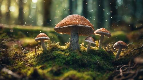 A magical mushroom circle, with sparkling fairy dust swirling over it in the heart of a mossy forest.