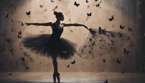 Uma bailarina elegantemente posada, vestida com um tutu preto fino, cercada por um bando de mariposas escuras.