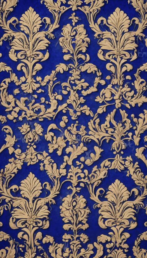 Kraliyet mavisinin zengin tonunda ayrıntılı Şam desenleri.