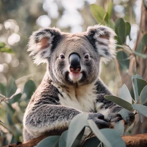 Ein fröhlicher Koala zwischen Eukalyptusbäumen im Taronga Zoo Hintergrund [bfb9245115cd4ed5a15e]