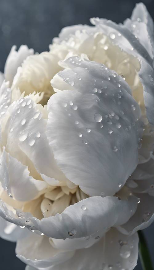 Un primo piano di una peonia bianca con goccioline di rugiada grigie sui petali.
