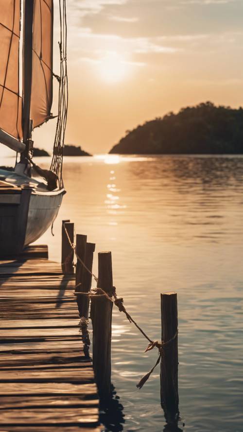 热带岛屿上质朴的木制码头，附近停泊着一艘帆船，背景是夕阳西下。